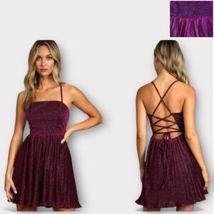 NWT Lulus Purple Metallic Open Back Skater Dress